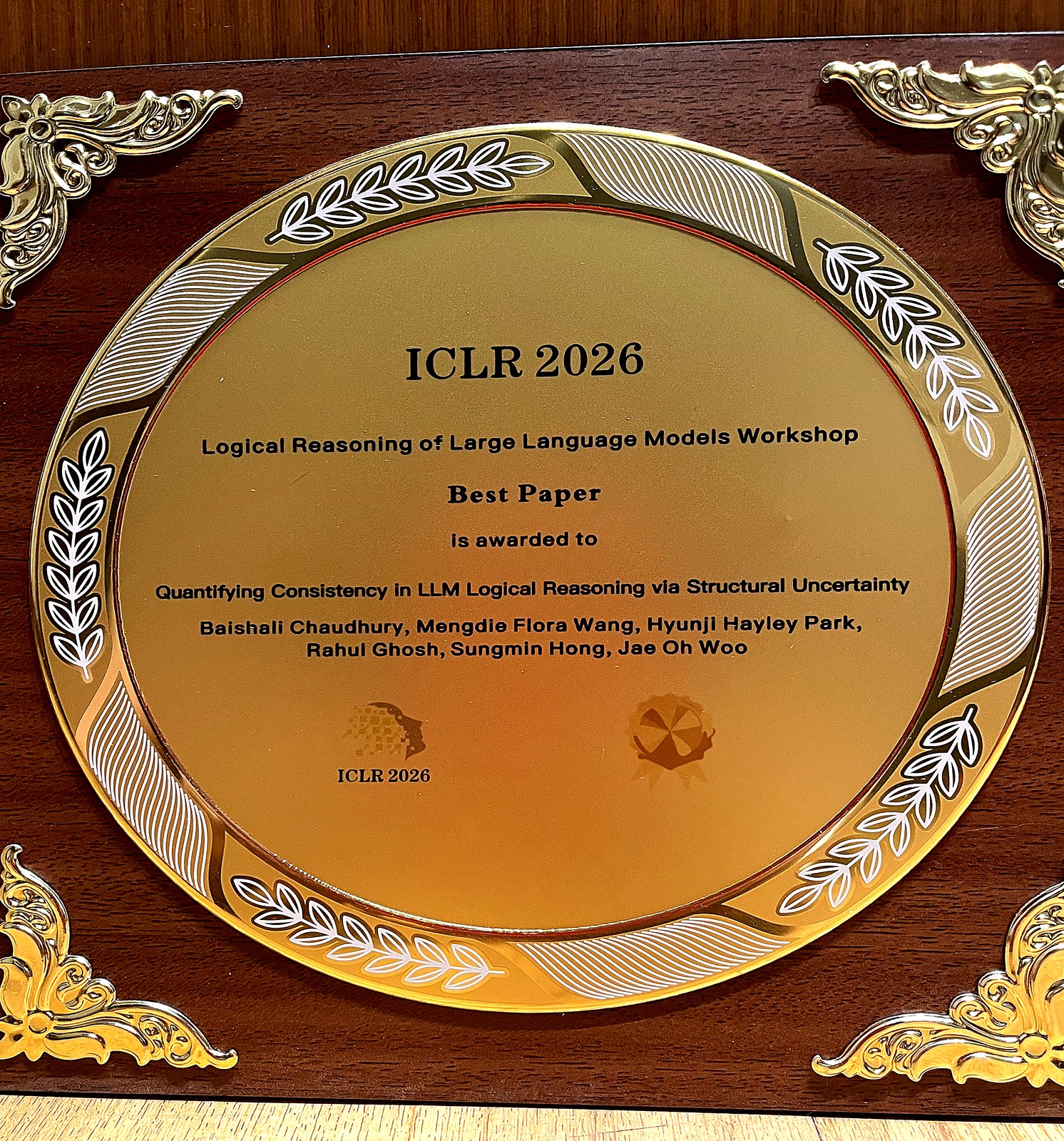 ICLR 2026 Workshop Best Paper plaque